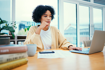 Image showing Woman with laptop, thinking and research in home office with documents, internet and freelance project. Remote work, ideas and girl with computer, paperwork and writing online article for website.