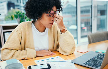 Image showing Stress headache, laptop and woman in home office with bills, debt or exhausted with tax audit. Frustrated, fatigue and tired girl with pain, burnout or anxiety for invoice payment crisis at computer