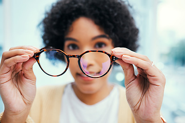 Image showing Vision, glasses in hands and woman with eye care, wellness and check frame or lens quality. Health, insurance and eyesight improvement, designer eyewear zoom with cosmetic accessory and optometry