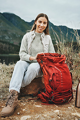 Image showing Nature, backpack and portrait of woman hiking on a mountain for adventure, weekend trip or vacation. Happy, bag and female person from Canada trekking and camping in an outdoor forest for holiday.