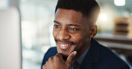 Image showing Thinking, ideas and businessman on a computer in the office doing legal research for a case. Technology, reading and professional African male attorney working on a law project in modern workplace.