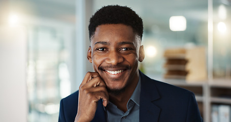 Image showing Face, smile and young businessman in office with confidence and positive attitude for startup at work. Employee, professional and portrait of entrepreneur and happy or ready for career in accounting