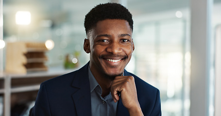 Image showing Face, smile and young businessman in office with confidence and positive attitude for startup at work. Employee, professional and portrait of entrepreneur and happy or ready for career in accounting