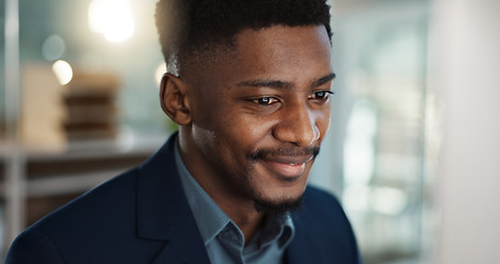 Image showing Thinking, reading and businessman on a computer in the office doing legal research for a case. Technology, ideas and professional African male attorney working on a law project in modern workplace.