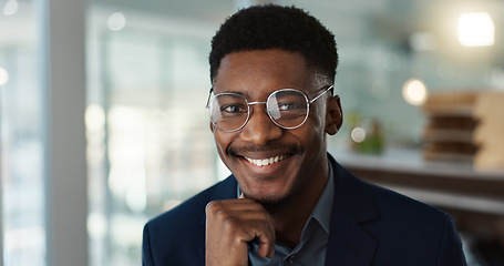 Image showing Young businessman, face and glasses in office with confident and positive attitude for startup at work. Employee, professional and portrait of entrepreneur and happy or ready for career in accounting