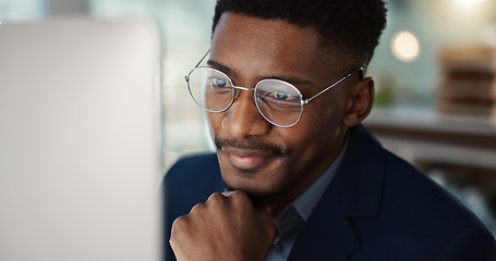 Image showing Happy, businessman and reading email on computer in office with a smile for feedback or online communication. Black man, thinking or happiness for working with research, inspiration or ideas in Kenya