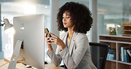 Image showing Phone, networking and businesswoman in the office typing a message on the internet or mobile app. Technology, chatting and frustrated female lawyer on cellphone for email or social media in workplace