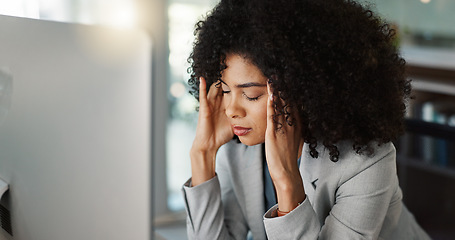 Image showing Business, headache and woman with pain at work of stress, fatigue or anxiety in office or desk. Professional, person and massage head with ache from overwork, mental health or tired at workplace