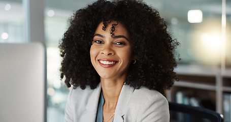 Image showing Professional face, happiness and office woman, consultant or accountant with career smile, job experience or pride. Corporate portrait, administration employee and laughing person for accounting work