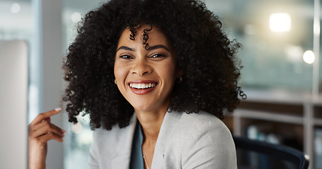 Image showing Professional face, happiness and office woman, consultant or accountant with career smile, job experience or pride. Corporate portrait, administration employee and laughing person for accounting work