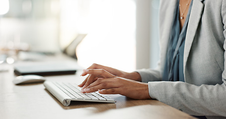 Image showing Keyboard, hands and businesswoman in the office typing for legal research for a court case. Technology, career and closeup of professional female attorney working on a law project in modern workplace