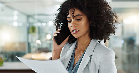 Image showing Phone call, documents and a happy business black woman in the office for communication or negotiation. Smile, contact and discussion with a young female employee talking on her mobile for networking