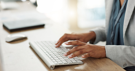 Image showing Keyboard, hands and businesswoman in the office typing for legal research for a court case. Technology, career and closeup of professional female attorney working on a law project in modern workplace