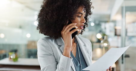 Image showing Phone call, documents and a happy business black woman in the office for communication or negotiation. Smile, contact and discussion with a young female employee talking on her mobile for networking