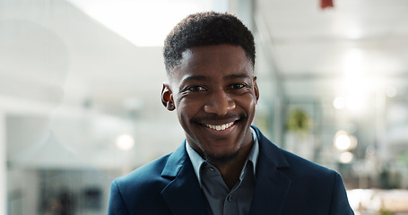 Image showing Business, smile and black man with a tablet, employee and website information with connection. African person, consultant and entrepreneur with technology, internet and social media with digital app