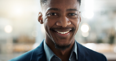 Image showing Young businessman, smile and face on closeup with confidence and positive attitude for startup at work. Employee, professional and portrait of entrepreneur and bokeh or ready for career in accounting