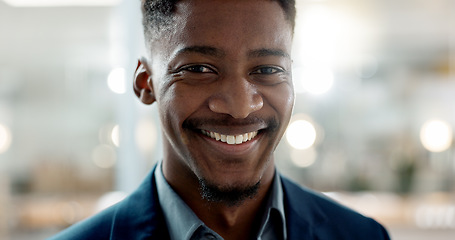 Image showing Young businessman, smile and face on closeup with confidence and positive attitude for startup at work. Employee, professional and portrait of entrepreneur and bokeh or ready for career in accounting