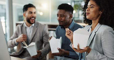 Image showing Chinese food, collaboration and success with a business team cheering in the office for support while eating. Lunch, teamwork and motivation with a happy young employee group in the workplace