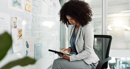 Image showing Business, woman and tablet with planning, brainstorming and research with ideas, connection and internet. Person, employee or entrepreneur with technology, startup or digital app with problem solving