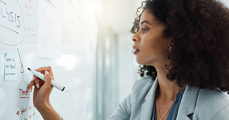 Image showing Business, thinking and woman with ideas, planning and insurance agent brainstorming, solution and analysis. Happy person, employee and consultant with question, data analytics and review information