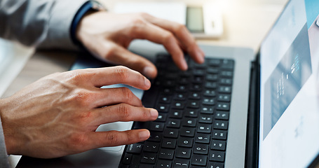 Image showing Closeup, hands typing and a laptop for work, email or web design. Connection, office and a corporate employee working on a computer for business, website information and communication online