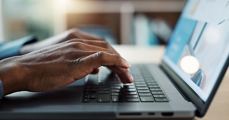 Image showing Hands typing, laptop keyboard and closeup at desk, web design and planning for user experience on app. Business person, computer and click for research, data analytics and internet in workplace