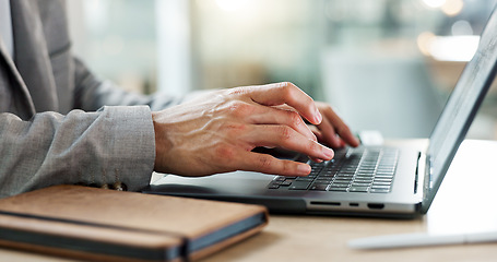 Image showing Business person, hands typing and laptop for website marketing, copywriting or editing online newsletter. Professional writer or editor working on computer for company FAQ, email or information