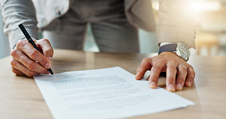 Image showing Closeup, hands and business man with documents, writing and signature with planning, review and feedback. Zoom, person and employee with paperwork, lawyer or legal contract with letter, policy or pen