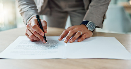 Image showing Business, hands and writing signature on contract or legal documents for application or agreement in office. Pen, closeup and person reading paperwork, work policy or form in workplace or company