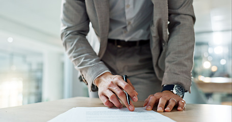 Image showing Business, hands and writing signature on contract or legal documents for application or agreement in office. Pen, closeup and person reading paperwork, work policy or form in workplace or company