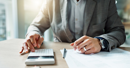 Image showing Hand, calculator and budget for man at desk, planning or balance books with tablet, click or writing for results. Businessman, accountant and audit with typing for financial review, goal or workplace