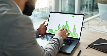 Image showing Hands, laptop and chart for business man, analysis and check progress of economy, investment or profit. Financial agent, computer and reading graph with data analytics, growth and numbers for future