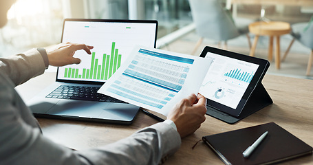 Image showing Hands, laptop and chart with paper for business man, analysis or check progress of economy, investment or profit. Financial agent, pc and reading graph for data document, growth or numbers for future