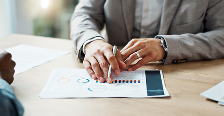 Image showing Business, planning and hands of employee talking strategy of annual report or documents with data in meeting. Collaboration, accounting and teamwork for profit or budget of company on office desk