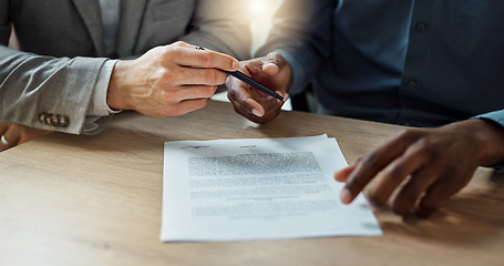 Image showing Business, hands and writing signature on contract or legal documents for application or agreement in office. Explain, pointing and person show paperwork or form to client in workplace or company