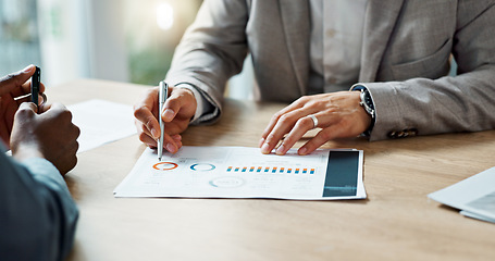 Image showing Diverse business people, hands and closeup of graphs, discussion and office. finance, statistics and investment for report, ecommerce and crypto in budget, fintech and strategy for talking and charts