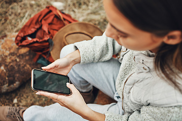 Image showing Woman, hands and phone screen on camp for social media, navigation or outdoor communication in nature. Closeup of female person with mobile smartphone display, app or mockup for networking or search