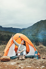 Image showing Camping, selfie and woman in nature with phone for social media, memory or scenic photo in nature. Tent, profile picture or lady influencer with smartphone photography in a forest for blog or podcast