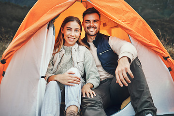 Image showing Couple, tent and camping in portrait, smile and happy for holiday, nature and morning in countryside. Man, woman and relax outdoor with vacation, glamping and adventure with love, bonding and freedom