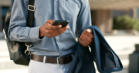 Image showing Hands, phone or businessman in city on social media to chat on internet post or website notification. News info, walking or closeup of entrepreneur texting, networking or typing online on mobile app