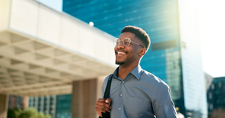 Image showing Business, happy and walking black man on city journey, commute trip and realtor smile on way to office building. Happiness, career expert and African real estate agent on morning travel in Nigeria