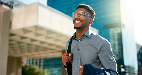 Image showing Business, happy and walking black man on city journey, commute trip and realtor smile on way to office building. Happiness, career expert and African real estate agent on morning travel in Nigeria