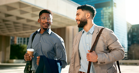 Image showing Smile, talking and walking with business men in the city on their morning commute into work together. Collaboration, planning and ideas with employee partners chatting outdoor in an urban town