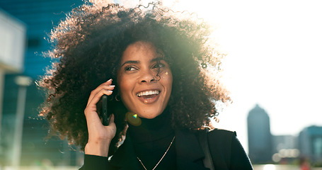 Image showing Outdoor, phone call and woman with a smile, funny and contact with communication, connection and speaking. Person in a city, lens flare and happy girl with a smartphone, conversation and digital app