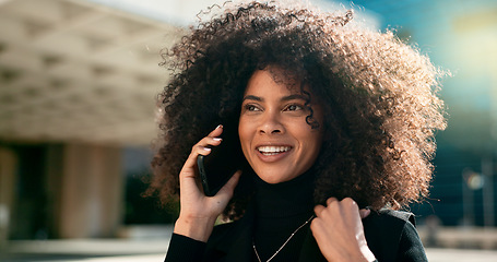 Image showing Outdoor, phone call and woman with a smile, funny and contact with communication, connection and speaking. Person in a city, lens flare and happy girl with a smartphone, conversation and digital app