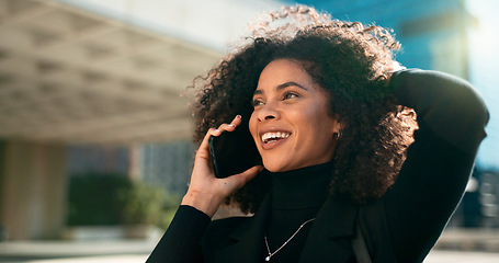 Image showing Outdoor, phone call and woman with a smile, speaking and connection with communication, afro or happiness. Person in a city, mobile user or girl with smartphone, network or contact with conversation