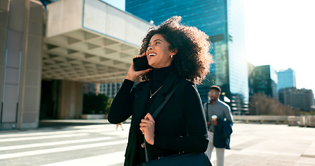 Image showing Walking, smile or businesswoman in city on a phone call talking, networking or speaking in travel. Mobile communication, chat or happy female entrepreneur in conversation, discussion or negotiation