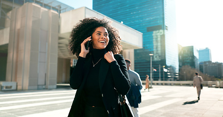 Image showing Walking, city or happy businesswoman on a phone call talking, networking or speaking in travel. Mobile communication, chat or biracial female entrepreneur in conversation, discussion or negotiation