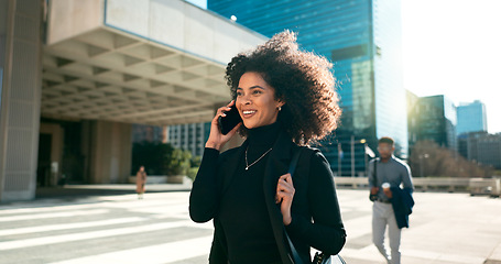 Image showing Walking, smile or businesswoman in city on a phone call talking, networking or speaking in travel. Mobile communication, chat or happy female entrepreneur in conversation, discussion or negotiation