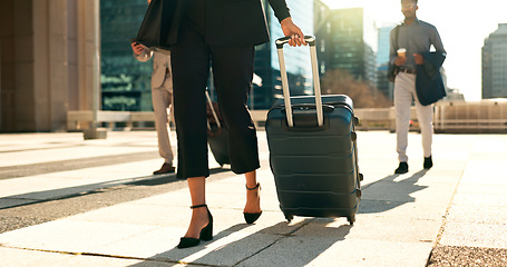 Image showing Man, woman and travel with work for corporate, professional and airport with luggage to plane. Formal, career and executives with luxury in first class and visa, booking and